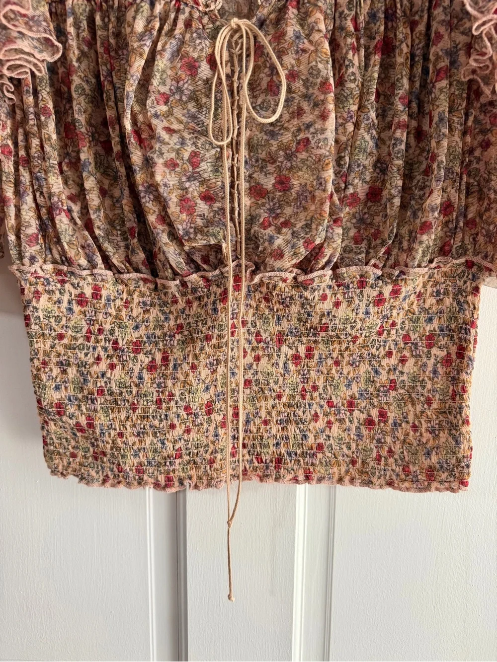 Free People Sheer Floral Smocked Blouse - Beige with Red & Green